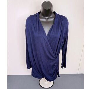 41 Hawthorn Top Womens Large Navy Blue Faux Wrap Ruched Long Sleeve Knit V-Neck